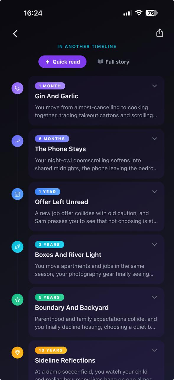 Future Echo app showing a 10-year decision timeline with chapter markers
